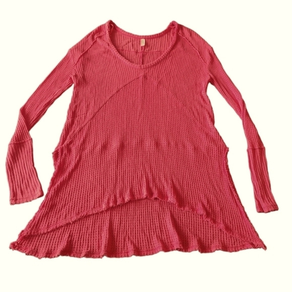Free People Sunset Park coral v-neck tunic length waffle knit thermal top size S - Picture 2 of 16